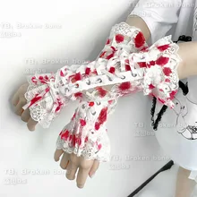 Streetwear Harajuku Punk White Red Bandage Cosplay Women Length Sleeve Gothic Fingerless Lace Mesh Mittens