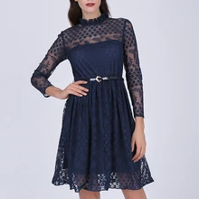 Элегантное женское Повседневное платье кружевное синее лоскутное платье с поясом с длинными рукавами Короткое мини платье для выпускного вечера и выпускного вечера