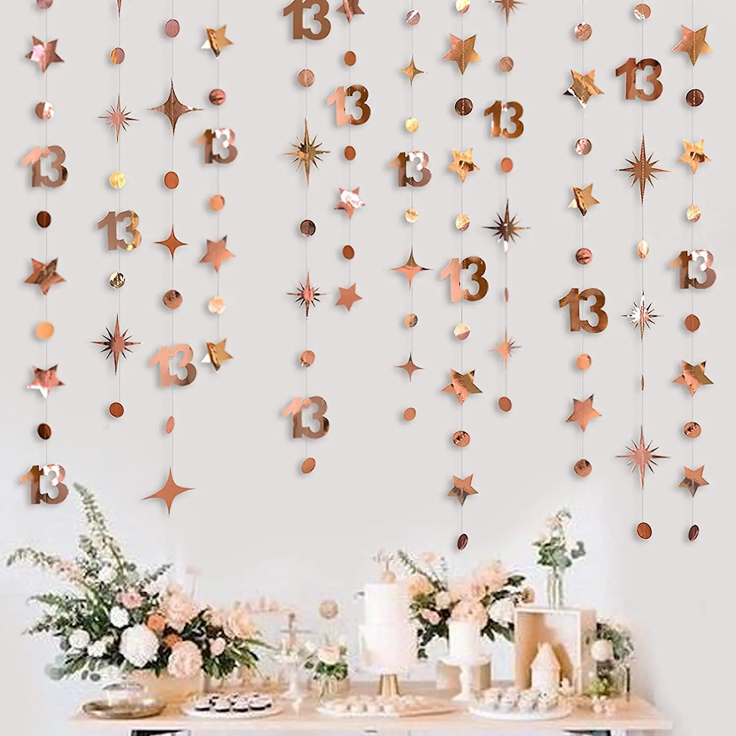 Girls 13th Birthday Decorations Number 13 Circle Dots Twinkle Star Garlands Backdrop 13Ft for 13 Year Old Party
