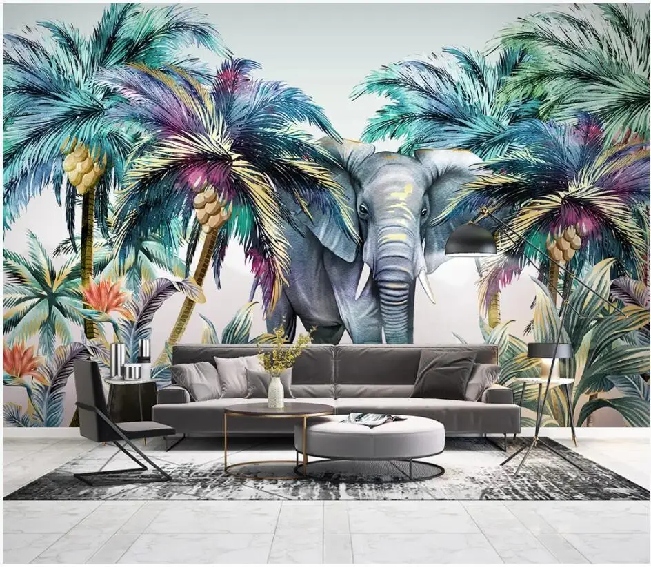 

3d photo wallpaer custom mural Hand drawn forest animal tropical plant elephant coconut tree living Room wallpaper for walls 3 d