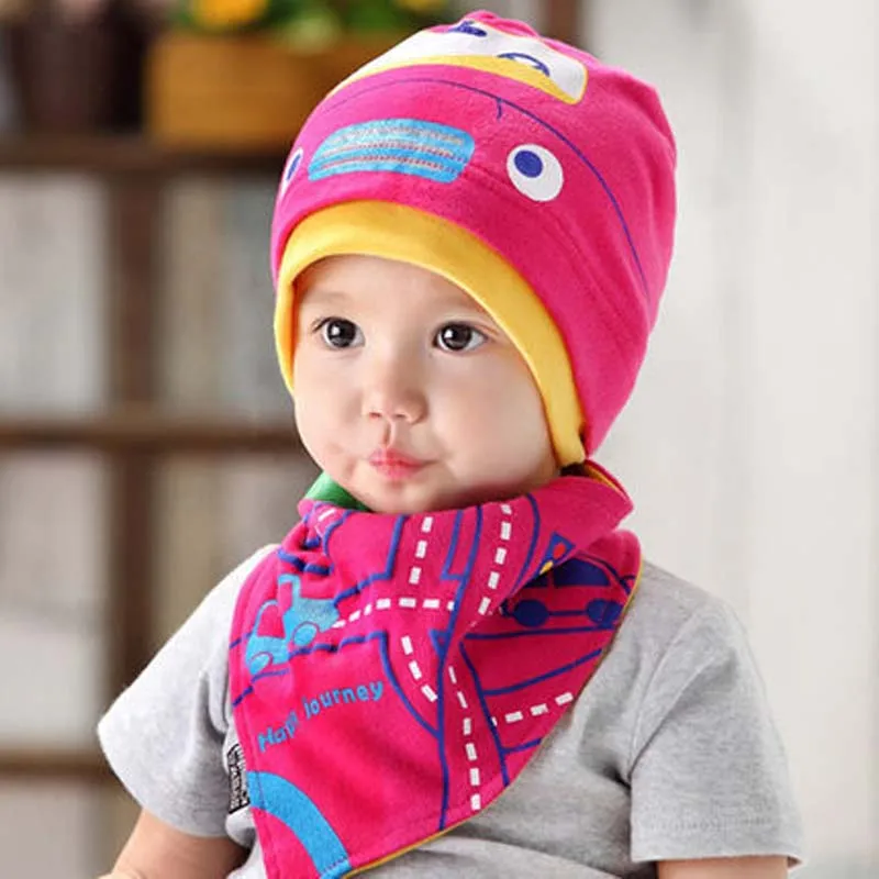 

New Spring Autumn Girls Hat Scarf Set Cartoon Baby Boy Girls Hat Children Hat Scarf-Collar Set Cotton Kids Hat Set