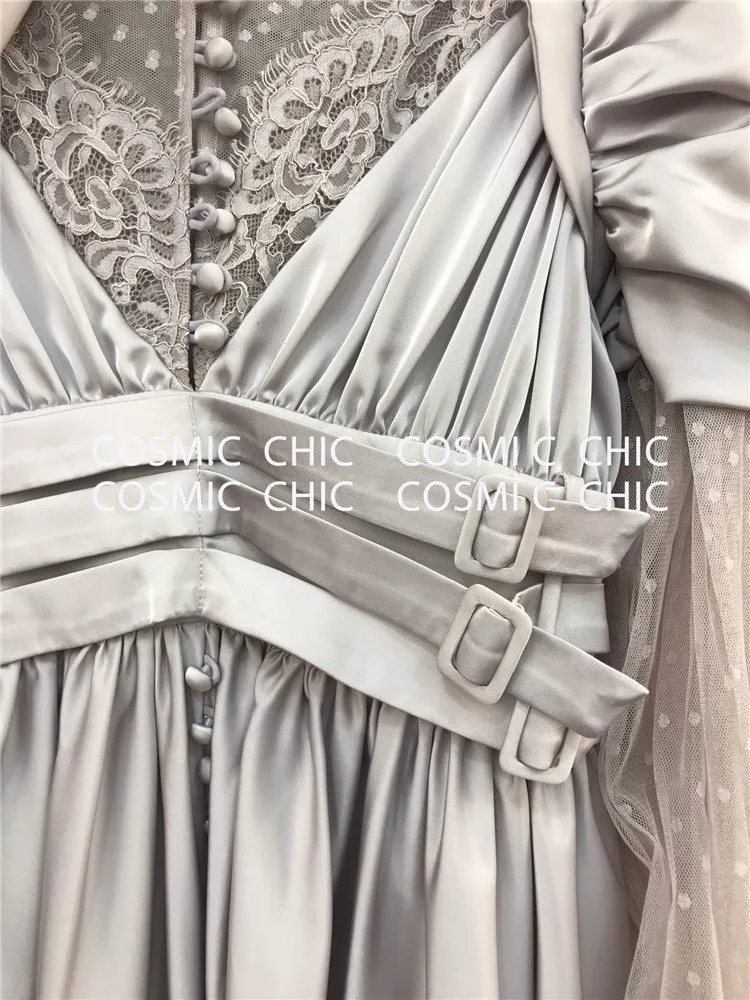 Cosmicchic Подиум Высокое качество точка кружево лоскутное платье макси с длинным рукавом Высокая талия бант воротник Ретро дворцовые вечерние платья