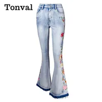 Tonval Floral Gestickte Side Elegante Dünne Flare Jeans Vintage Stil Frauen Licht Blau Ausgefransten Saum Streetwear Jeans