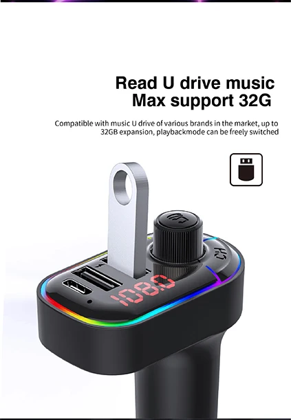 Bluetooth 5.0 FM Transmitter Car Kit MP3 Modulator Player Wireless Handsfree Audio Receiver Dual USB Fast Charger Ambient Light