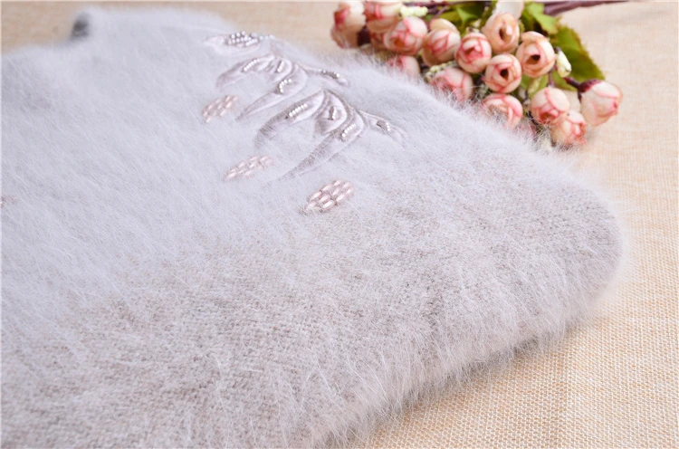 Ladies mink cashmere o-neck loose fluffy angora rabbit fur hand knitted beading pullover sweater short warm sweater products