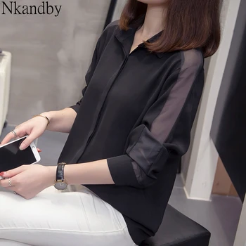 

Plus size long sleeve women tops and blouses 2019 autumn clothing korean fashion oversized mesh patchwork office lady shirts 4xl