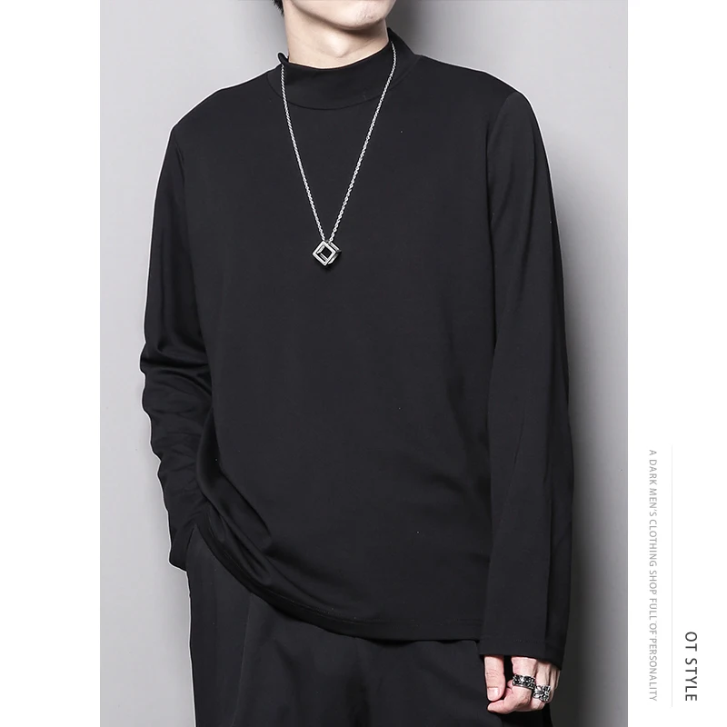 

Осенняя простая и универсальная однотонная Базовая Повседневная футболка с коротким высоким воротником и длинными рукавами, Мужская модная рубашка с верхом