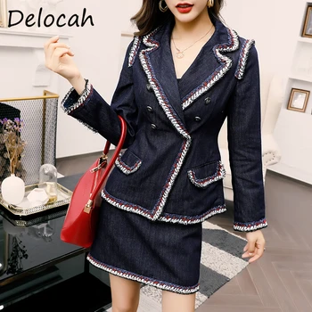 

Delocah Women Autumn Fashion DesignerÂ 2 PiecesÂ Set Long Sleeve Double Breasted Coats + High Waist Short Skirts TwoÂ PiecesÂ Suits
