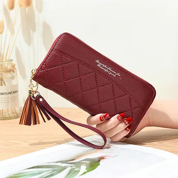 

Long Women's Wallet Female Tassel Coin Purse Ladies Multifunctional Fashion Plaid Zipper Phone Bag Pu Leather Clutch Money Bag