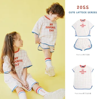 

BOBOMOON Children's Clothing 2020ss Summer New Smiley Plaid Suit Baby Boys Girls T-shirt Plaid Shirt Color Matching Girl Top