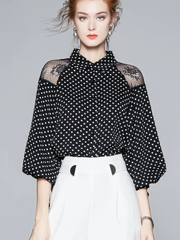 

Sexy spring shoulder lace patchwork shirt with bow-tie tie and lantern sleeve blouse with lapel wave point chiffon