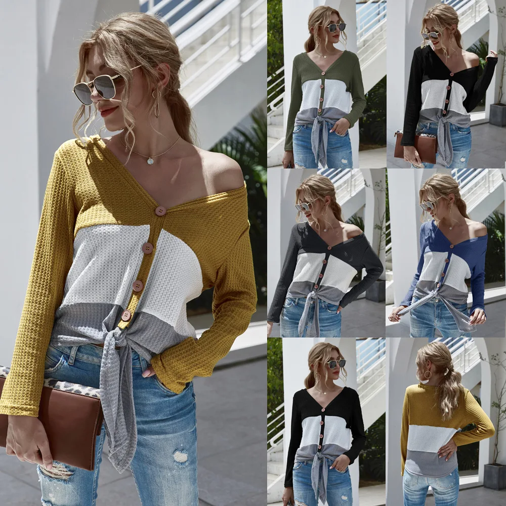 

2020 hot three color V-neck stitching button and strap Knitted Top