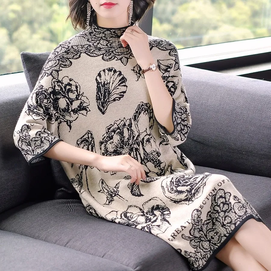 Vintage Floral Midi Dresses Autumn Winter New Female 3XL Plus Size Long Sleeve Dress Elegant Women Bodycon Party Vestidos