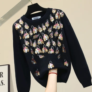 

2020 New Spring Autumn Sweater Woman Hand-Made Sequined Thick Knitted Coat Loose Black Sweaters and Pullovers Women Knit Shirts