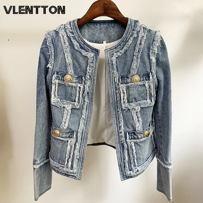 

High Quality 2020 Autumn Women Vintage Slim Denim Jacket Metal Lion Button Tassel Jeans Coat Female Cowboy Cardigan Tops Mujer