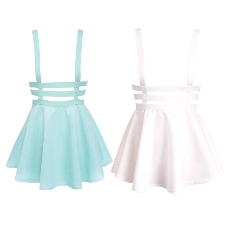 Vintage Women Skirts Hollow Out Mini Skater Skirt Summer Cute Suspender Clothes Straps High Waist Skirts Retro Solid Color Skirt