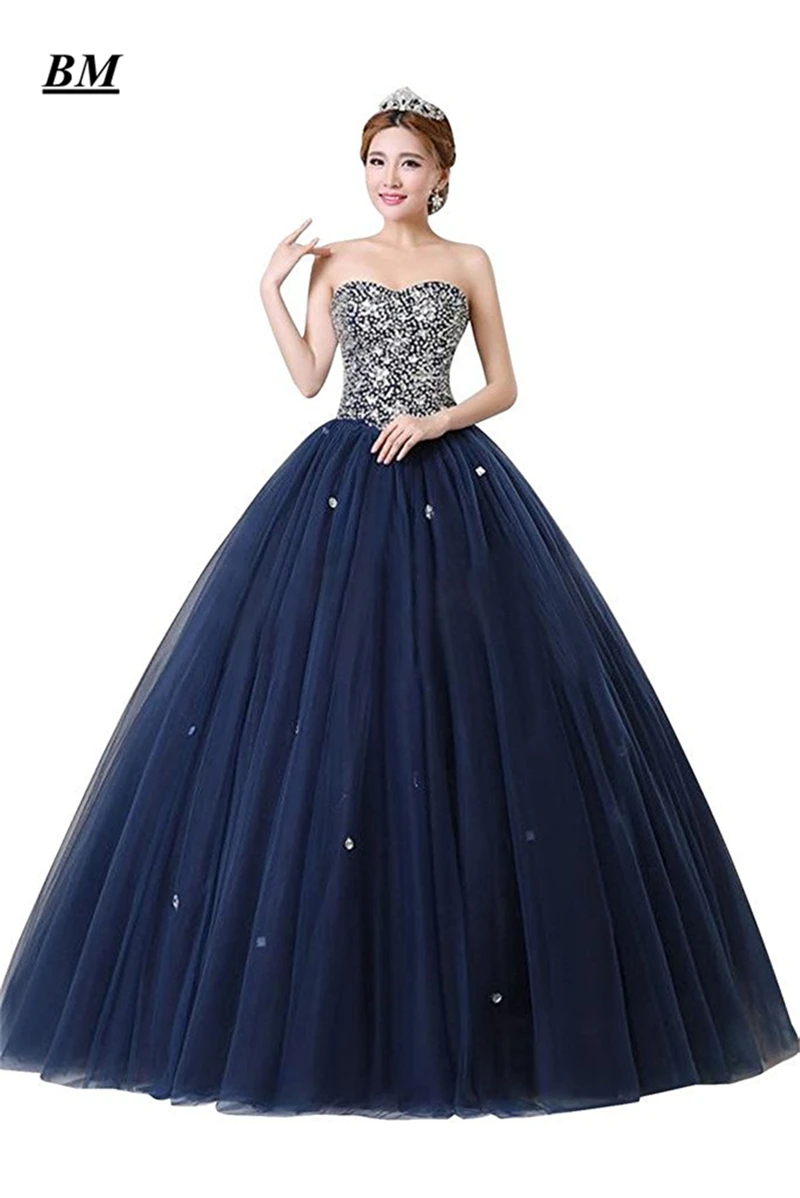

2019 New Royal Blue Tulle Quinceanera Dresses Ball Gown Beading Sweet 16 Dresses Formal Prom Party Gown Vestido De 15 Anos BM54