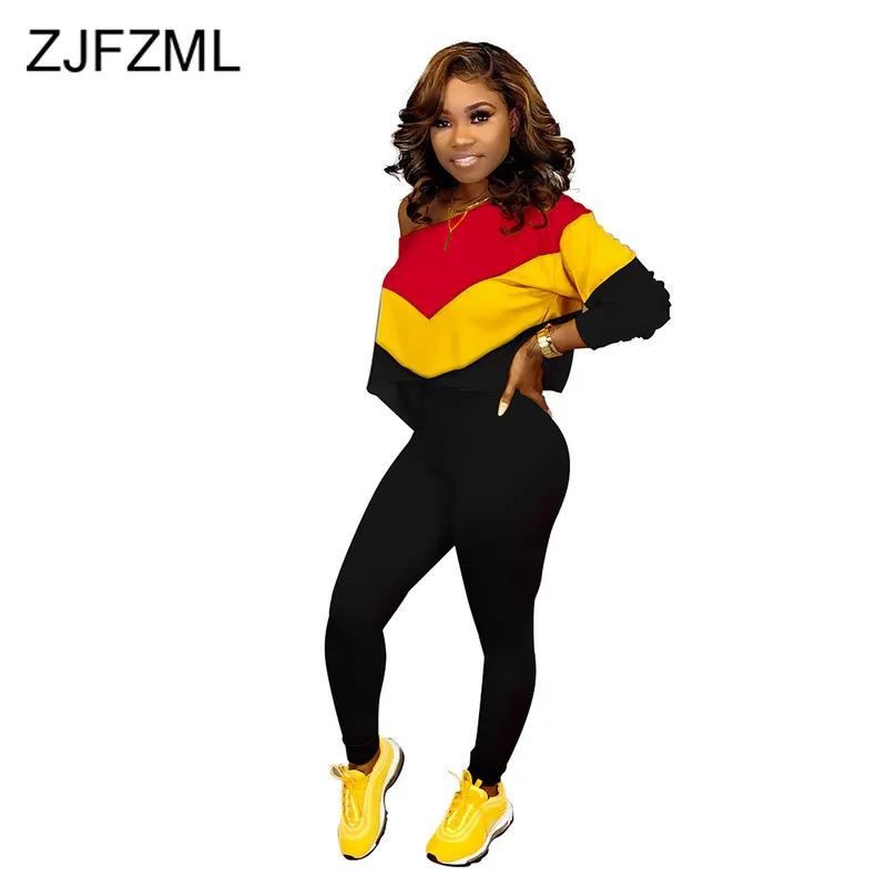 

Autumn Causal Contrast Color Two Piece Tracksuit Women Cold Shoulder Long Sleeve Crop Tops and Pencil Pants Plus Size Sweat Suit