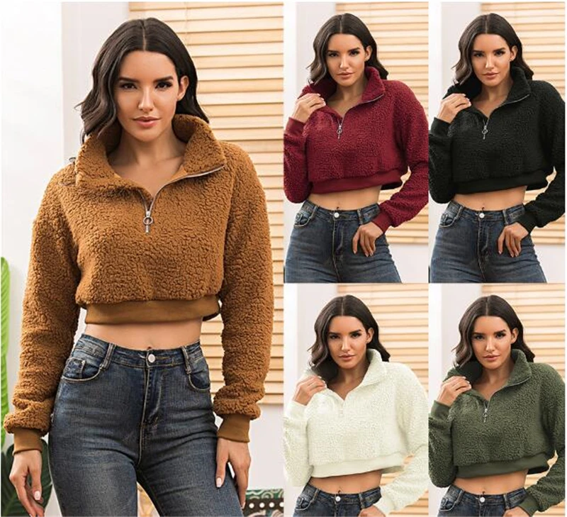 

2020 Winter Jacket Short Pullovers Sweatshirts Zipper Warm Top Hoodie for Lady Clothes Women Long Sleeve Casual Lantern Sleeve