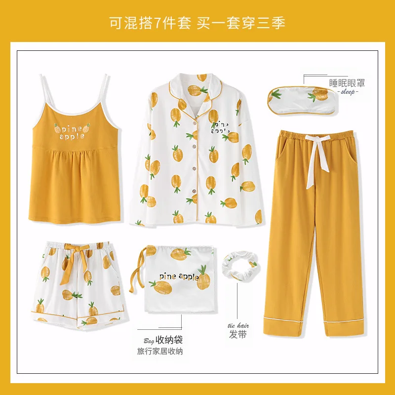 

33084 # Lettered Small Pineapple LZ 7 Seven Pieces Pajamas Long Sleeve Homewear Set
