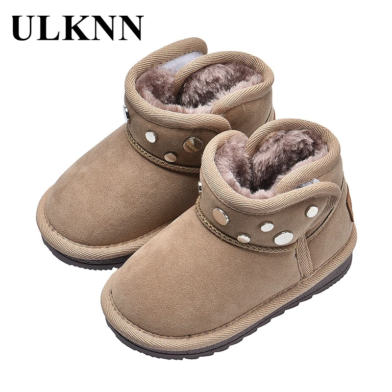 

ULKNN Rubber Cotton-Padded Shoes For Kids Winter Fashion Riveting Nail Children Boots Boys Anti-Slip Boots Flat Casual Sneakers