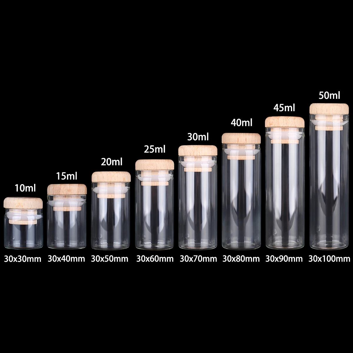 12 pieces/lot 10ml 15ml 20ml 25ml 30ml 40ml 45ml 50ml 60ml Glass Bottles with Solid Wood Caps Spice Jars Vessels DIY Art Crafts 2