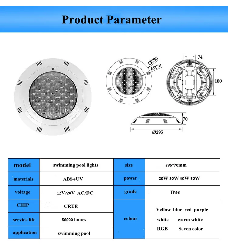 20W 30W 40W 50W 60W 70W LED Underwater Swimming Pool Lights RGB Color Changing AC12V IP68 Waterproof Lamp with Remote Controller submersible led lights with remote