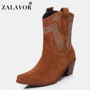 

ZALAVOR Women Ankle Boots Warm Fur Winter Chelsea Botas Office Ladies Thick Heel Slip-On Solid Color Mujer Zapatos Size 34-46