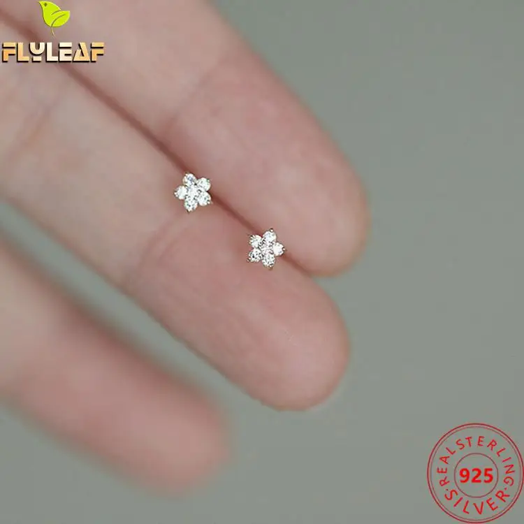 925 Sterling Silver Zircon Flower Small Stud Earrings For Women 14k Gold Plating Star Ear Bone Nails Female Fashion Jewelry | Украшения и