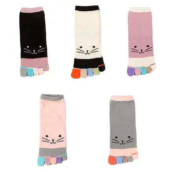 

Korean Women Cute Cartoon Meow Cat Cotton Crew Toe Socks Candy Colorful Five Finger Breathable Anti-Sweat Casual Hosiery
