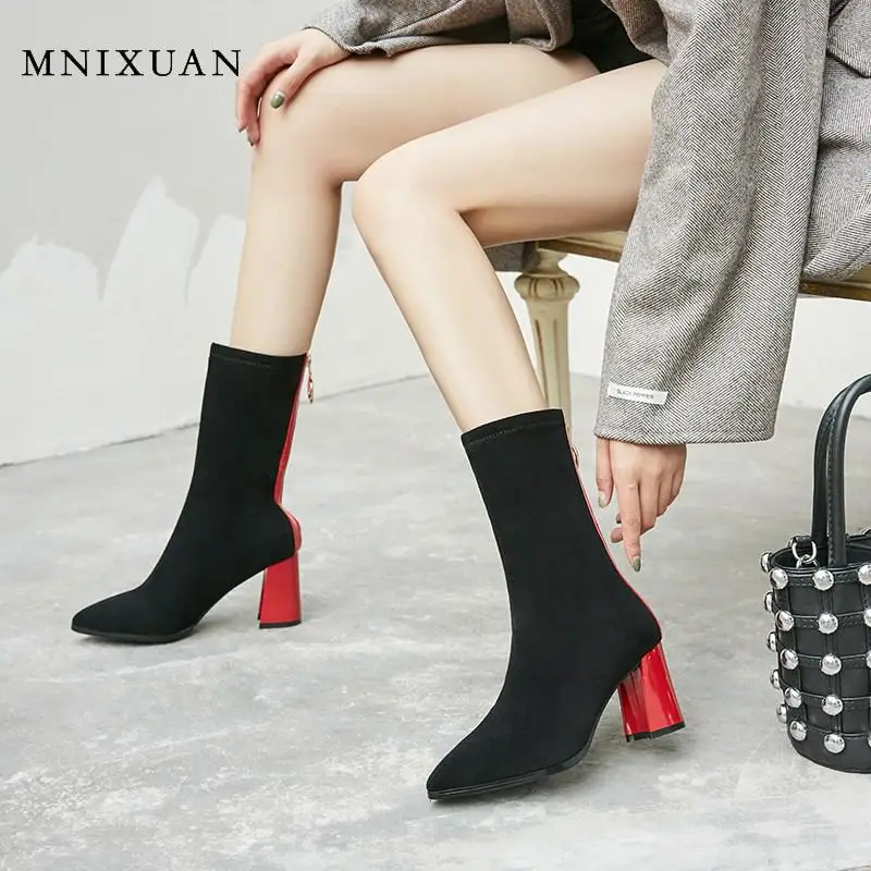 MNIXUAN/Классическая зимняя женская обувь; черные ботинки; Новинка года; замшевые сапоги до середины икры с острым носком на высоком квадратном каблуке; женские ботинки; Размеры 10
