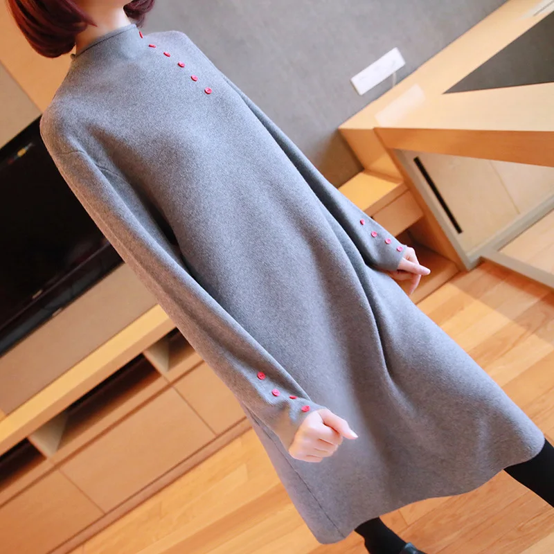 New winter knit dress big yards long section of loose bottoming sweater dress - Цвет: Серый