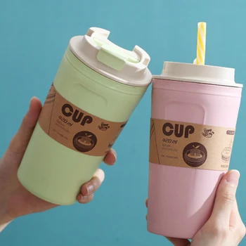 

Leak Proof Rectangle Large Capacity Straw Cups Bamboo Fiber 1Pcs Water Bottle Office Travel Coffee Cup 3Colors