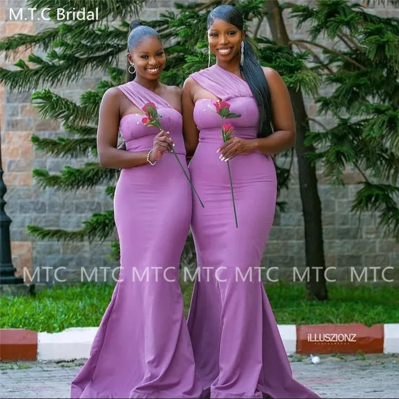 

Lavender One Shoulder 2021 Bridesmaid Dresses Long Mermaid Black Girls Wedding Party Dress Corset Back Plus Size Maid Gowns