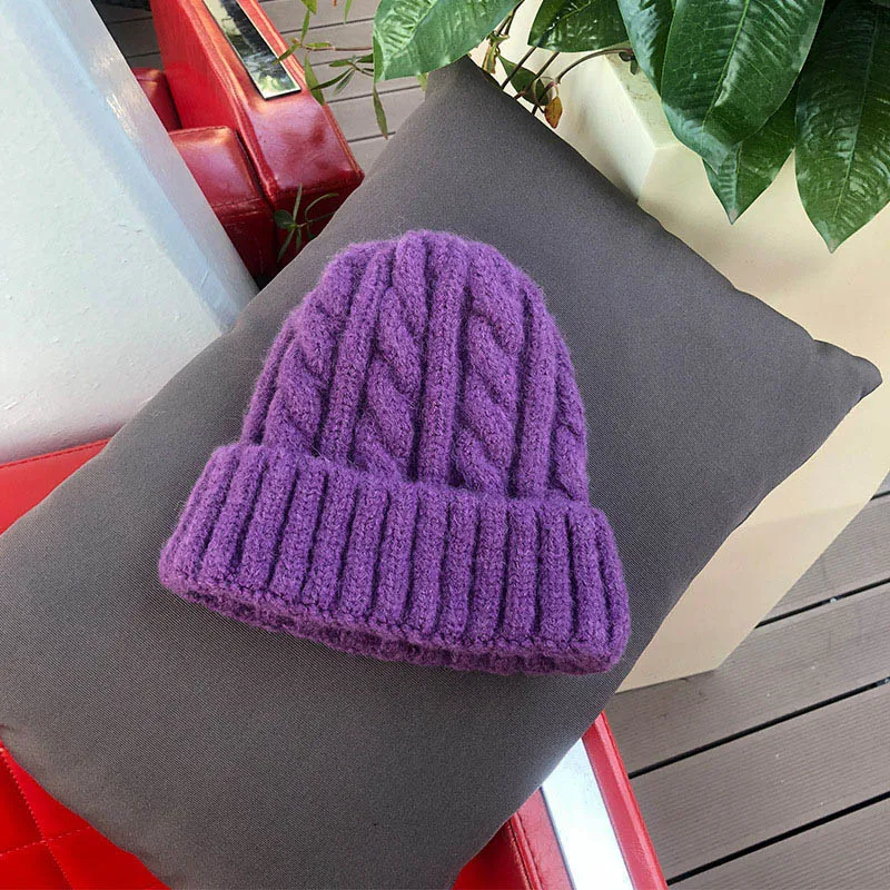 Purple Женские шапки для девочек, Роскошные зимние шапки ярких цветов, Теплая Шапка-бини, мягкие вязаные шапки, хлопковые шапки с узорами 9 - Цвет: Purple