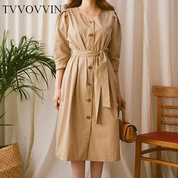 

TVVOVVIN Five-point Khaki V-neck Lantern Sleeve Single-breasted Belt Waist Woman Dress Casual Simple Fashion 2020 spring New 9LN