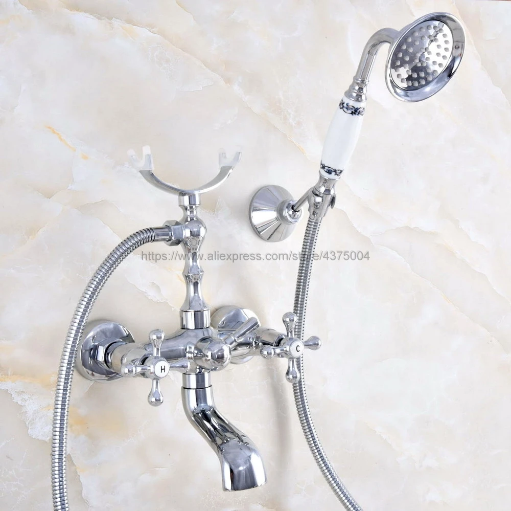 Polished Chrome Bath Tub Faucet Ceramic Handle Handheld Shower