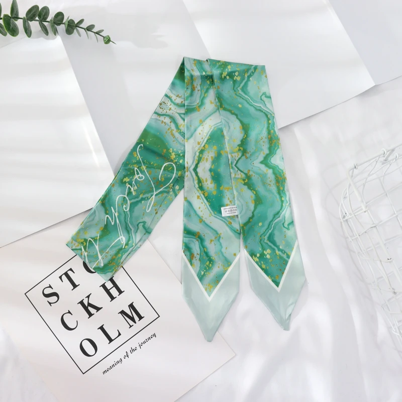 2021 New Summer 130*7 Ins Small Hairband Lovely Print Long Silk Scarf Wrist Ribbon Skinny Scarf For Women 3
