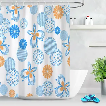 

Hand Painted Blue Flower Shower Curtain Bathroom Fabric Bath Curtains