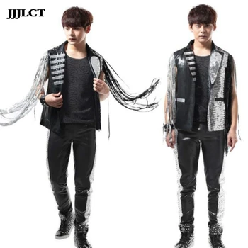 

Leather costume three-piece suit (outer vest + vest + pants) bar DJ rock punk silver sequin tassel DS clothing