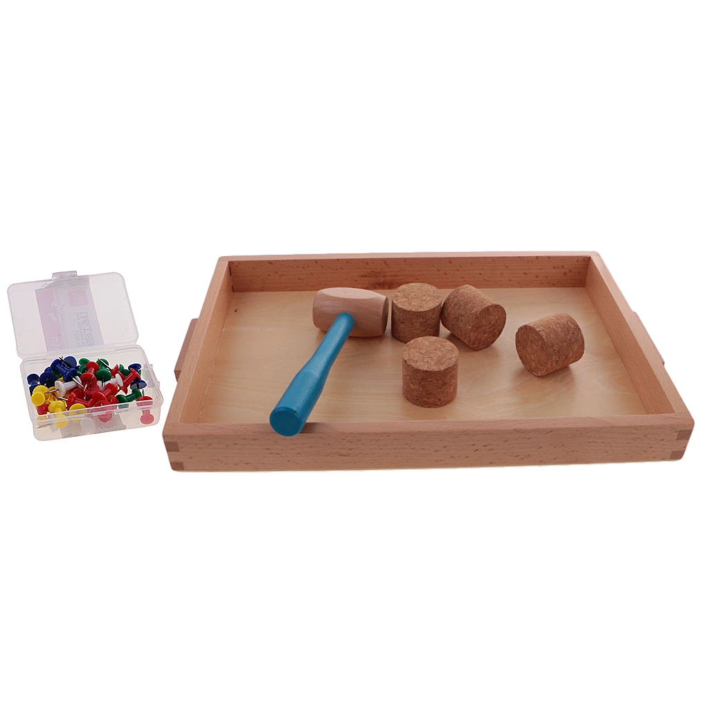 Wooden Tray w/ Beating Nail Hammer Spilings for Montessori Training Kids Toy