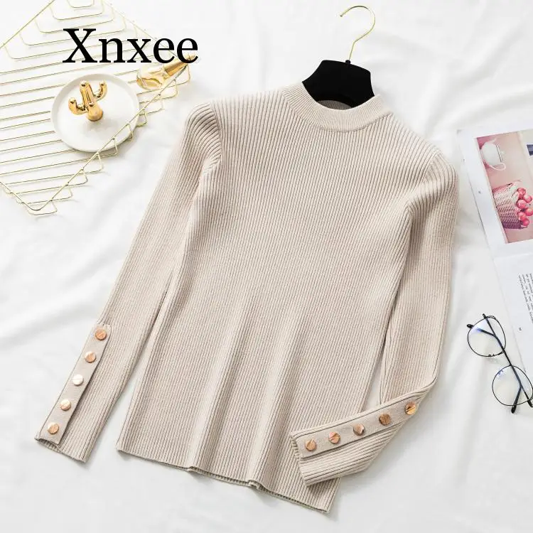 2020 Autumn Women Long Sleeve Pure Slim Sweater Winter Knitted Turtleneck Casual Cashmere Pullover Metal Buttons Split Cuff