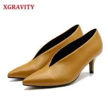 Женские туфли с острым носком XGRAVITY, элегантные туфли в европейском стиле на тонком каблуке с глубоким v образным вырезом, модель C264, 2020