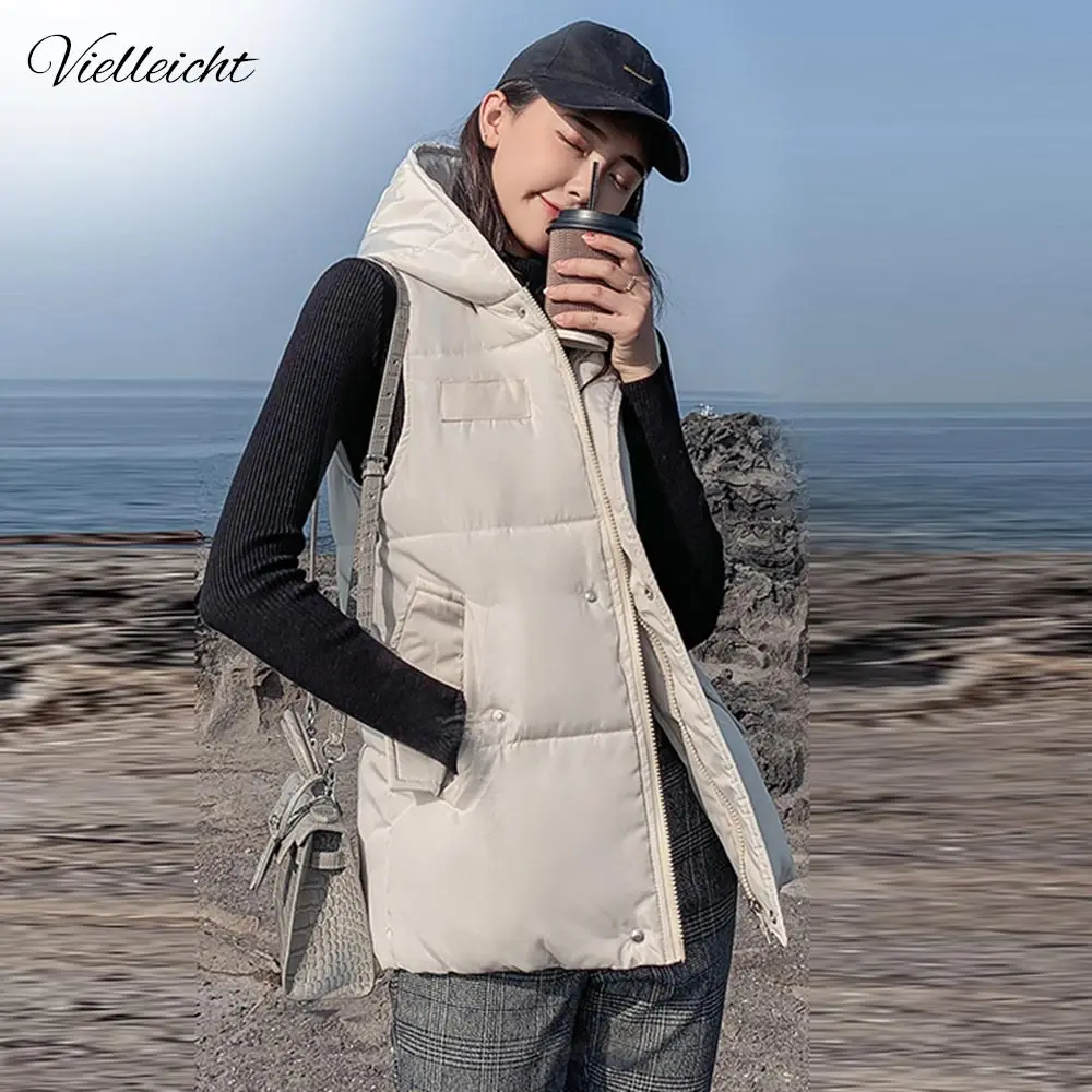 

Vielleicht 2019 New Autumn Winter Vest Waistcoat Women Short Sleeveless Vest Jacket Hooded Down Cotton Warm Pocket Vest Female
