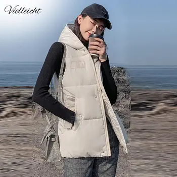 

Vielleicht 2019 New Autumn Winter Vest Waistcoat Women Short Sleeveless Vest Jacket Hooded Down Cotton Warm Pocket Vest Female