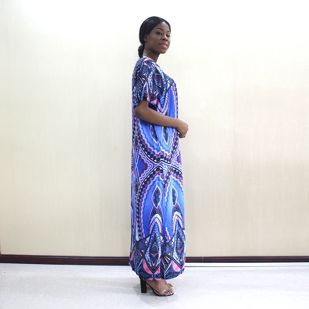 Newest Arrival Fashion Design African Dashiki Blue Pattern Printed Pure Cotton Appliques Elegant African Dresses With Scarf