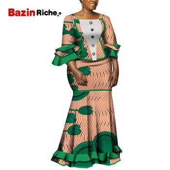 

African Printed Skirt Suit for Party WeddingTraditional Clothing Top Blouse+Long Pencil Skirt Bazin 2pcs Clothes Sets WY5240