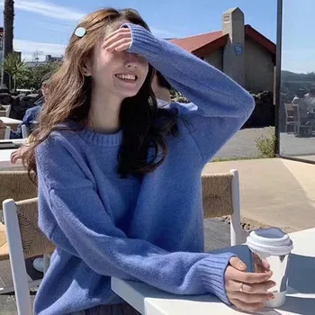 

Women Korean Style Sweater Solid Color O Neck Knitted Autumn Winter Female Pullover Ladies Loose Knitwear Jumpers