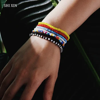 

SHIXIN Bohemian Colorful Beads Bracelet for Women/Girls Small Simple Rainbow Beaded Chain Bracelets Charms Hand Jewelry Female