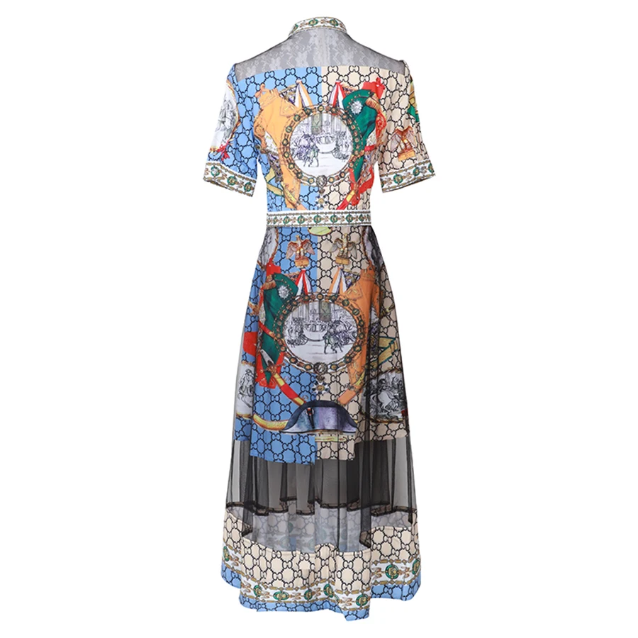 Ранняя осень подиум Vestido платья Европейский короткий рукав сетка Роскошное винтажное женское элегантное платье с принтом